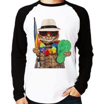 Camiseta Raglan Gato nas Férias Manga Longa - Foca na Moda