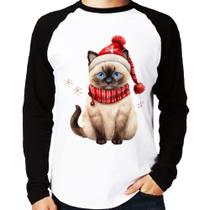 Camiseta Raglan Gato Natalino Gorro e Cachecol Manga Longa - Foca na Moda