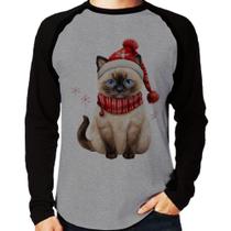 Camiseta Raglan Gato Natalino Gorro e Cachecol Manga Longa - Foca na Moda