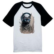 Camiseta Raglan Gato preto na lua cheia