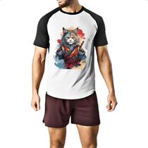 Camiseta Raglan Gato samurai Watercolor Arte Camiseta Raglan Gato samurai Watercolor Arte