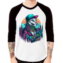 Camiseta Raglan Gato Urbano Arte Manga 3/4 - Foca na Moda