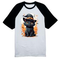 Camiseta Raglan Halloween Cute Gato Preto Bruxo