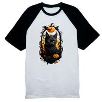 Camiseta Raglan Halloween Gato Preto Espelho Macabro - Alearts