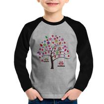 Camiseta Raglan Infantil Árvore Corujas Manga Longa - Foca na Moda