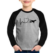 Camiseta Raglan Infantil Avião Batimentos Cardíacos Coração Manga Longa - Foca na Moda