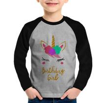 Camiseta Raglan Infantil Birthday Girl Manga Longa - Foca na Moda