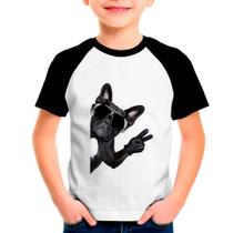 Camiseta Raglan Infantil Branca Buldog Francês Cachorro 01