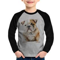 Camiseta Raglan Infantil Bulldog-Inglês Manga Longa - Foca na Moda