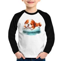 Camiseta Raglan Infantil Cachorrinho Na Piscina Manga Longa - Foca na Moda Camiseta Raglan Infantil Cachorrinho Na Piscina Manga Longa - Foca na Moda