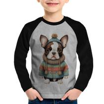 Camiseta Raglan Infantil Cachorro Bulldog Francês Natalino Manga Longa - Foca na Moda