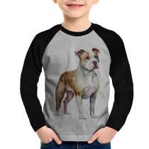 Camiseta Raglan Infantil Cachorro Pitbull Manga Longa - Foca na Moda