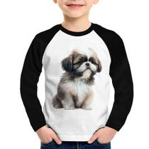 Camiseta Raglan Infantil Cachorro Shih Tzu Filhote Manga Longa - Foca na Moda