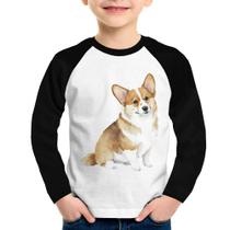 Camiseta Raglan Infantil Cachorro Welsh Corgi Pembroke Manga Longa - Foca na Moda
