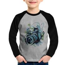 Camiseta Raglan Infantil Câmera Fotográfica Manga Longa - Foca na Moda