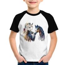 Camiseta Raglan Infantil Casal de Cavalos Watercolor - Foca na Moda