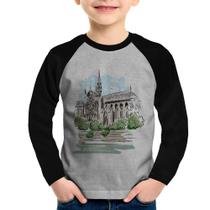 Camiseta Raglan Infantil Catedral de Notre-Dame de Paris Manga Longa - Foca na Moda