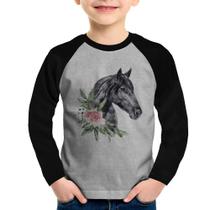 Camiseta Raglan Infantil Cavalo e Flores Manga Longa - Foca na Moda