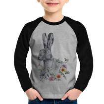 Camiseta Raglan Infantil Coelho Flores Manga Longa - Foca na Moda Camiseta Raglan Infantil Coelho Flores Manga Longa - Foca na Moda