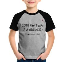 Camiseta Raglan Infantil Contra toda autoridade! (Exceto minha mãe) - Foca na Moda