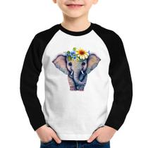 Camiseta Raglan Infantil Elefante E Flores Manga Longa - Foca na Moda