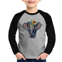 Camiseta Raglan Infantil Elefante E Flores Manga Longa - Foca na Moda