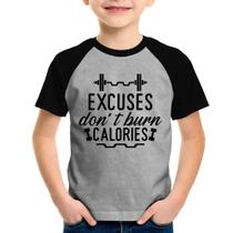 Camiseta Raglan Infantil Excuses Do'nt Burn Calories - Foca na Moda