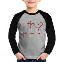 Camiseta Raglan Infantil Fé, Esperança, Amor Manga Longa - Foca na Moda