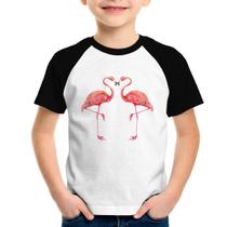 Camiseta Raglan Infantil Flamingos coração - Foca na Moda