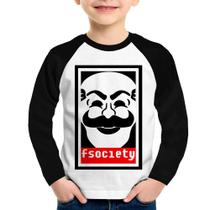 Camiseta Raglan Infantil Fsociety Manga Longa - Foca na Moda