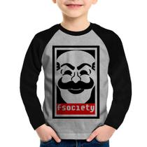 Camiseta Raglan Infantil Fsociety Manga Longa - Foca na Moda