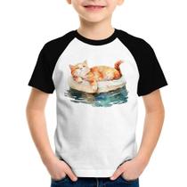 Camiseta Raglan Infantil Gatinho Relaxando na Bóia - Foca na Moda