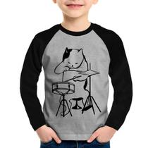 Camiseta Raglan Infantil Gato Baterista Manga Longa - Foca na Moda