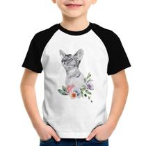 Camiseta Raglan Infantil Gato e Flores - Foca na Moda