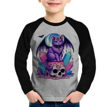 Camiseta Raglan Infantil Gato Gótico Arte Manga Longa - Foca na Moda