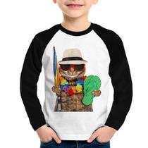 Camiseta Raglan Infantil Gato nas Férias Manga Longa - Foca na Moda