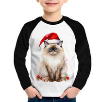 Camiseta Raglan Infantil Gato Natalino Manga Longa - Foca na Moda