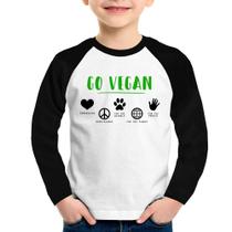 Camiseta Raglan Infantil Go Vegan Símbolos Manga Longa - Foca na Moda