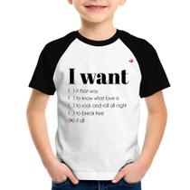 Camiseta Raglan Infantil I want... - Foca na Moda