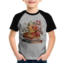 Camiseta Raglan Infantil Livros e flores - Foca na Moda