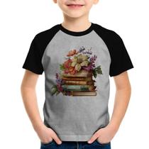 Camiseta Raglan Infantil Livros e Flores Vintage - Foca na Moda