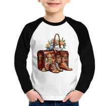 Camiseta Raglan Infantil Mala e Botas Retrô Flores Manga Longa - Foca na Moda