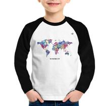 Camiseta Raglan Infantil Mapa mundi mosaico Manga Longa - Foca na Moda