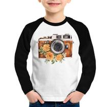 Camiseta Raglan Infantil Máquina Fotográfica Vintage e Flores Manga Longa - Foca na Moda