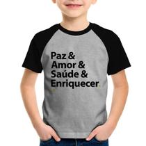 Camiseta Raglan Infantil Paz & Amor & Saúde & Enriquecer - Foca na Moda Camiseta Raglan Infantil Paz & Amor & Saúde & Enriquecer - Foca na Moda