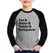 Camiseta Raglan Infantil Paz & Amor & Saúde & Enriquecer Manga Longa - Foca na Moda Camiseta Raglan Infantil Paz & Amor & Saúde & Enriquecer Manga Longa - Foca na Moda