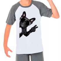 Camiseta Raglan Infantil Preto Branca Buldog Francês Pet 01