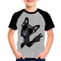 Camiseta Raglan Infantil Preto Cinza Buldog Francês Pet 01