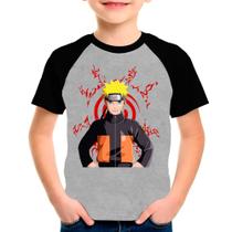 Camiseta Raglan Infantil Preto Cinza Desenho Naruto Anime 01