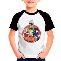 Camiseta Raglan Infantil Preto Cinza Desenho Naruto Anime 07